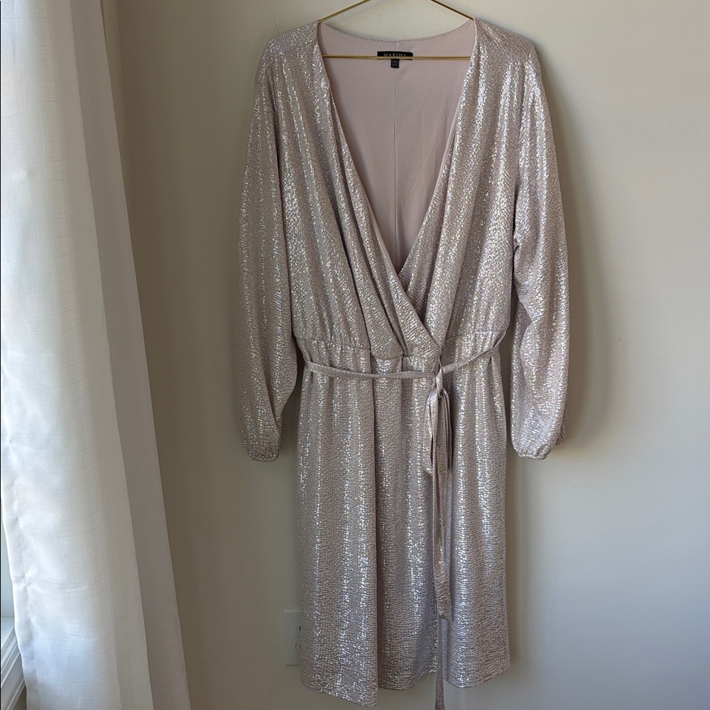Marina Blouson Sleeve Metallic Dress Tie Waist Surplice Neck Wedding Size 24W